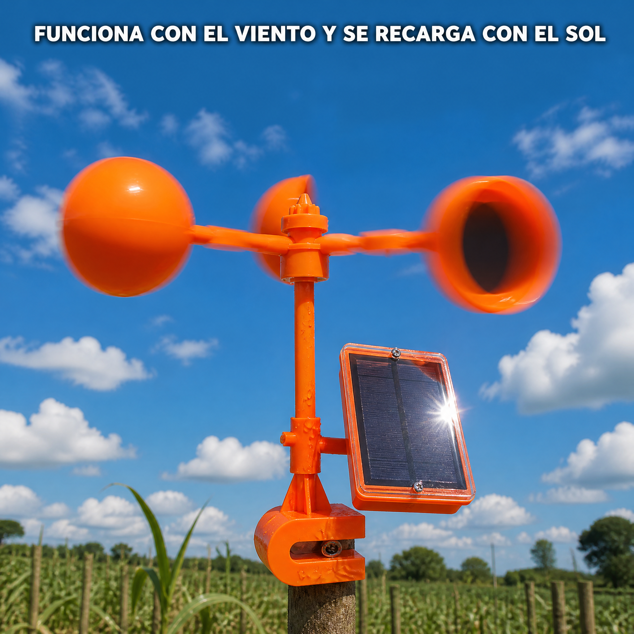 Panel solar del ahuyentador captando energía, brazos girando con el viento