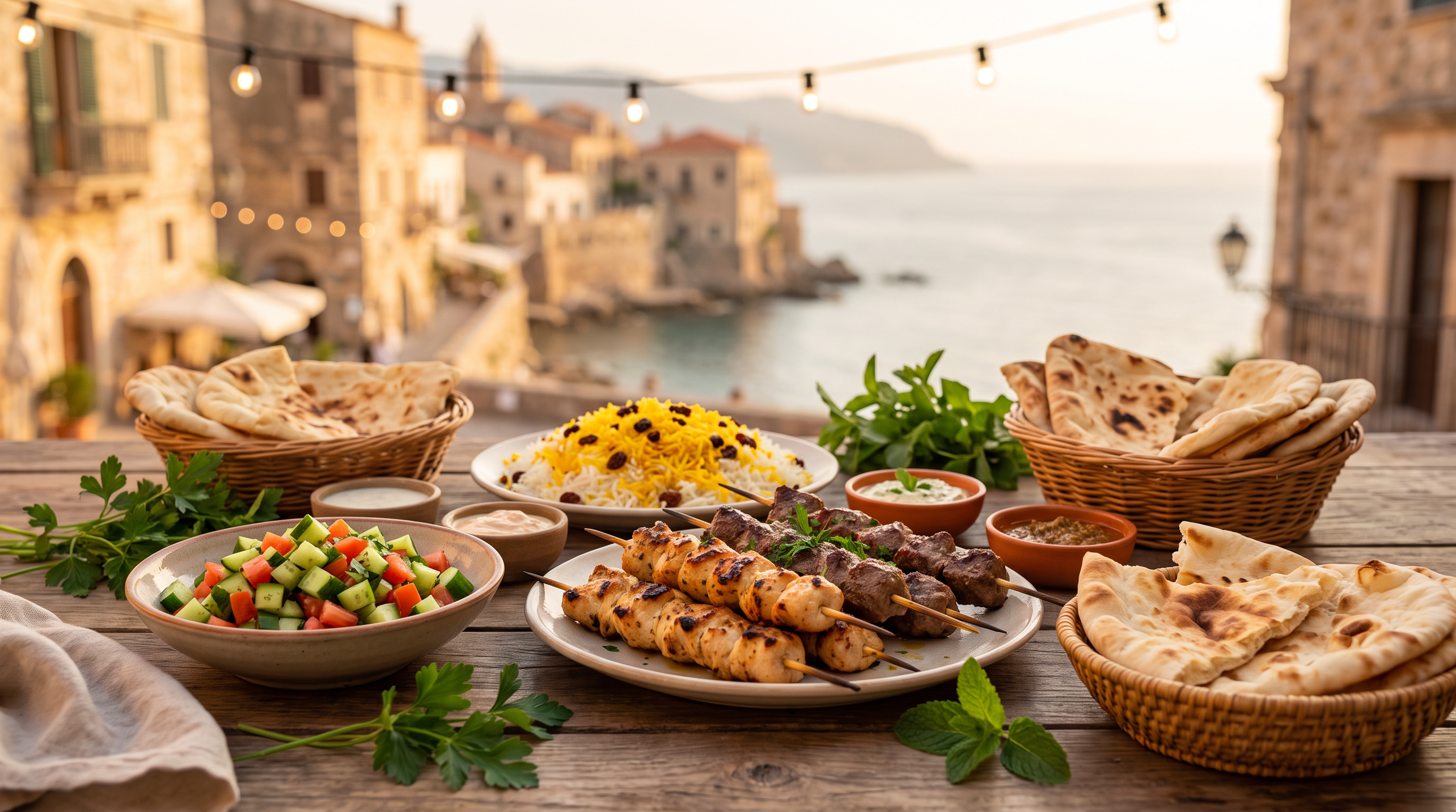 Halal food spread of Turkish and Indian dishes representing Bugibba, St Julian's and Birkirkara restaurants in Malta