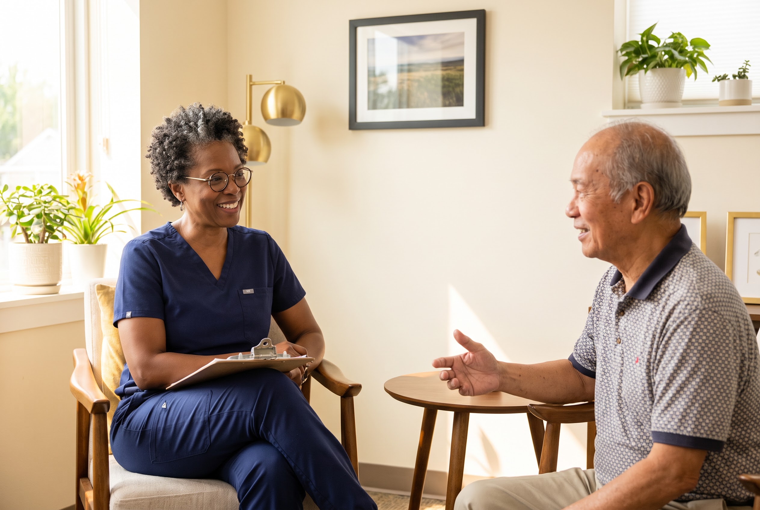 Nurse practitioner listening to a patient describe his symptoms