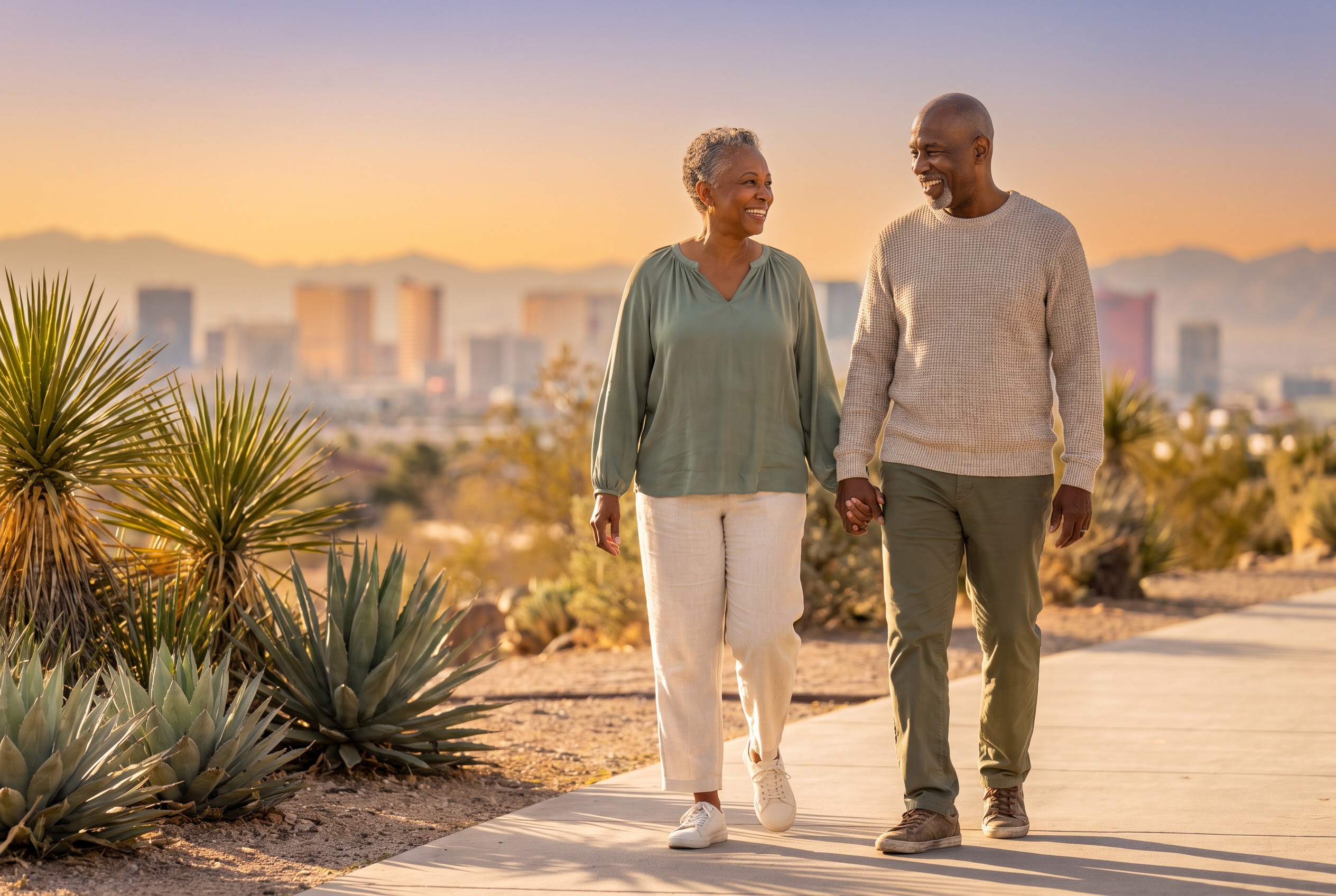Smiling couple walking together on a Las Vegas park path