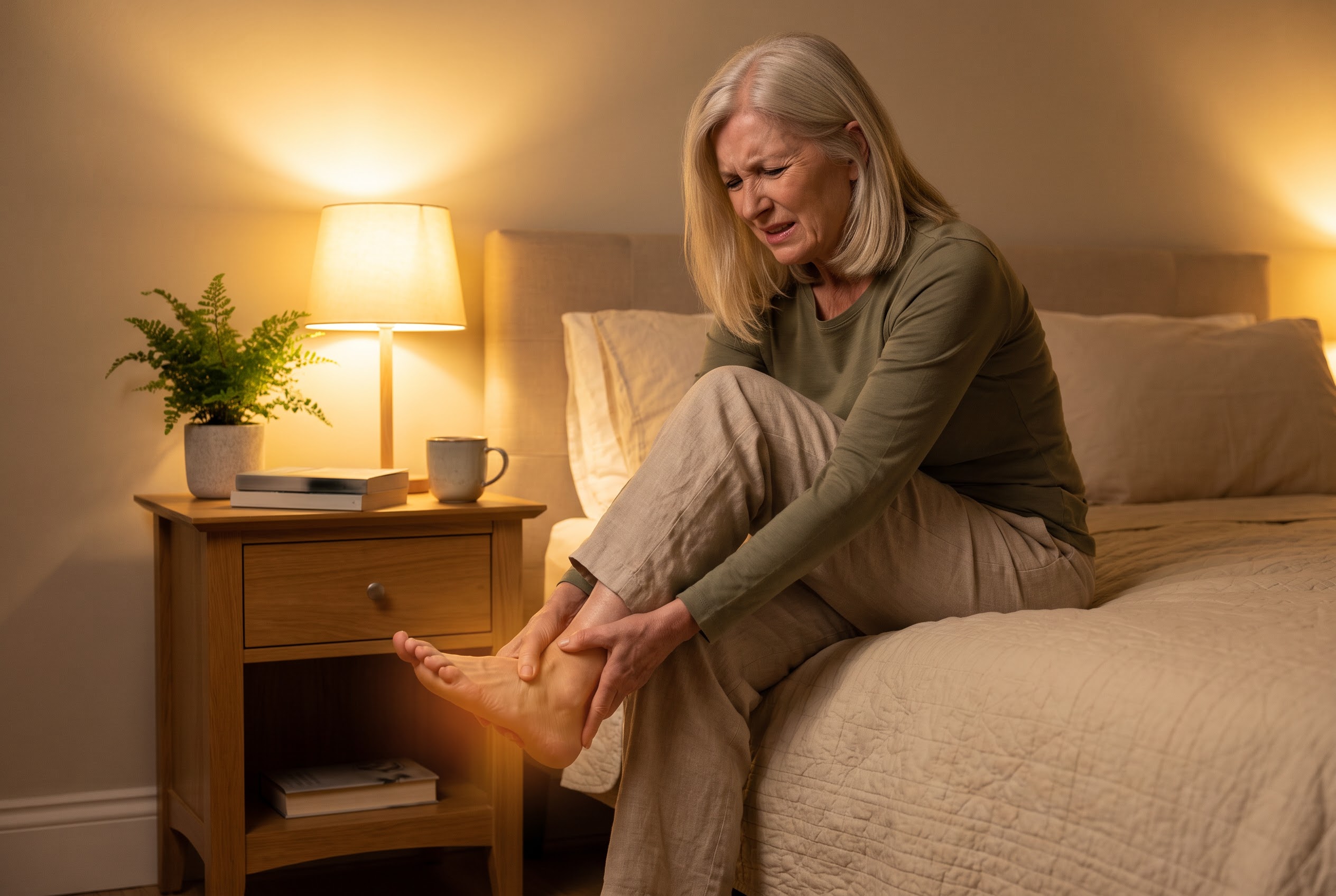 Woman sitting on her bed at night holding her painful foot