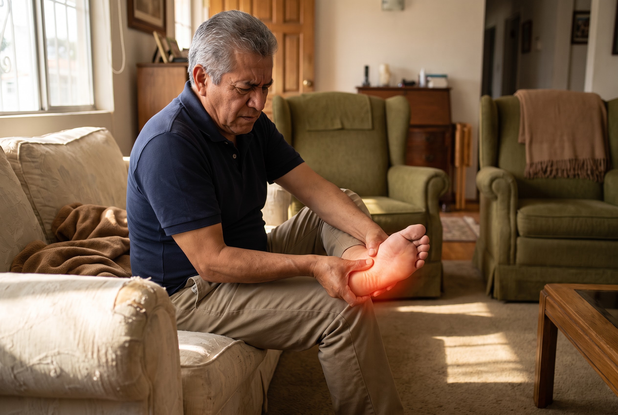 Man on his sofa holding his burning, painful foot