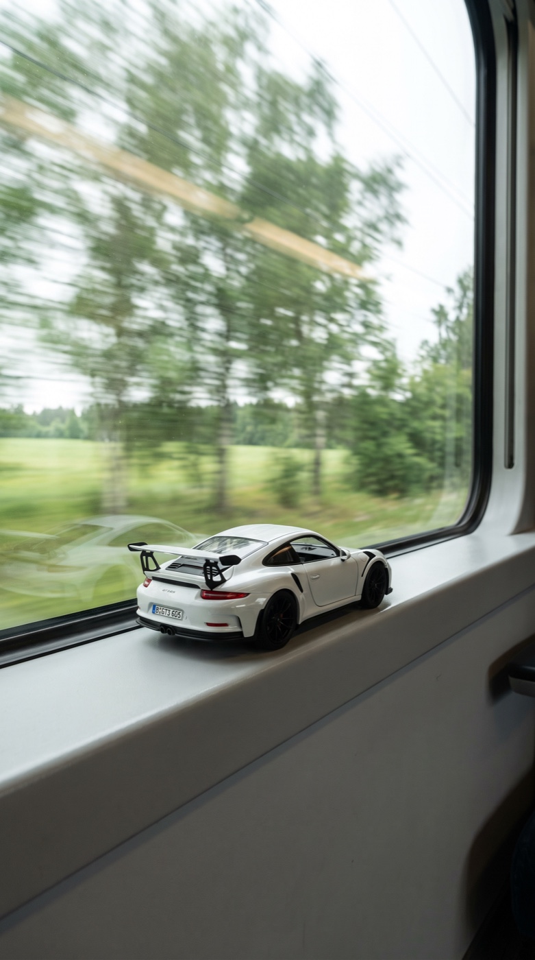 The toy Porsche side on, nose pointing right, the way the train travels