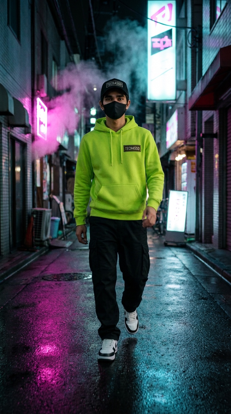 Keyframe 02: the avatar walking down a rainy neon Tokyo side street at night