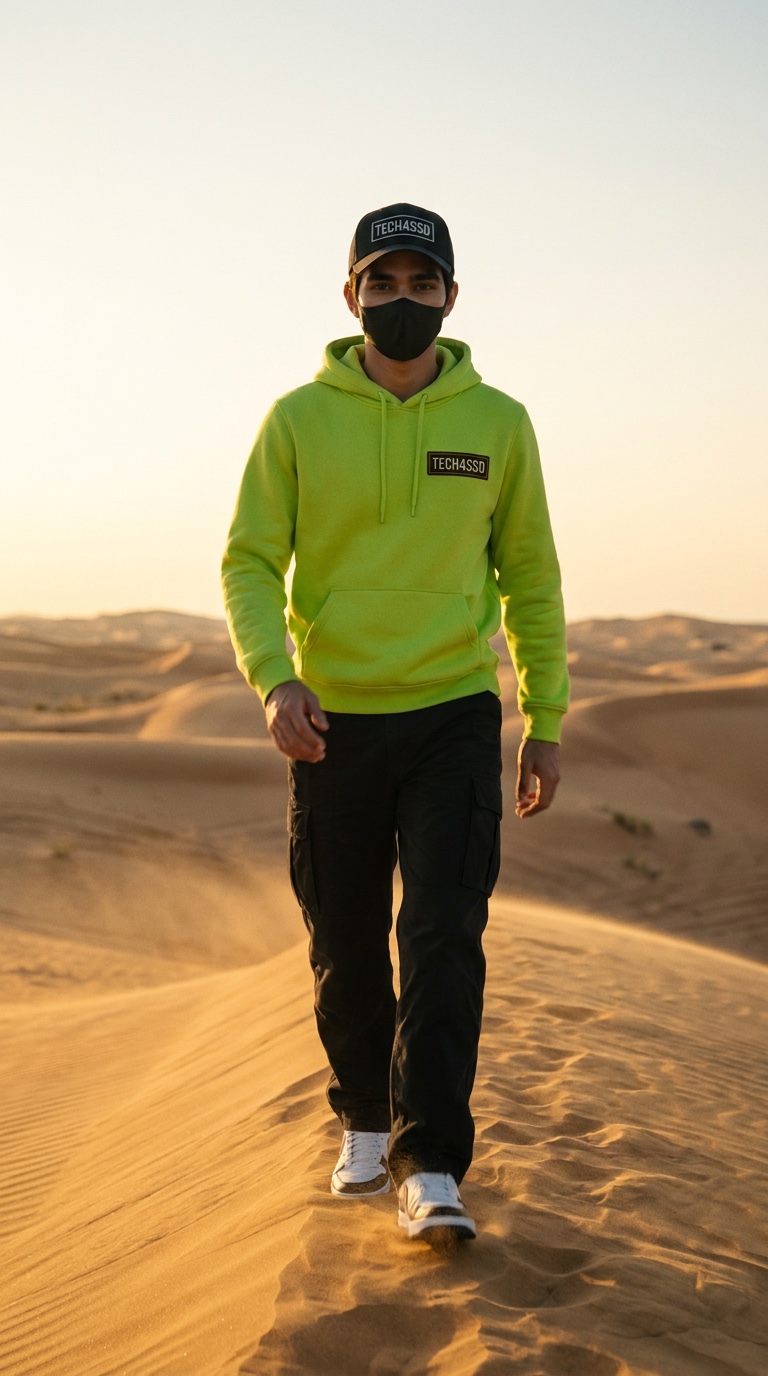 Keyframe 04: the avatar on golden desert dunes at sunset