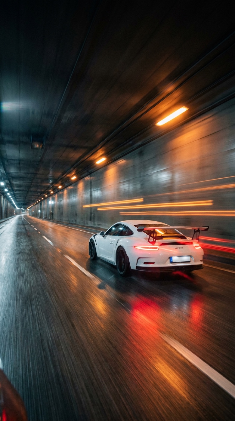 The real white Porsche 911 GT3 RS driving through a lit tunnel, seen from behind