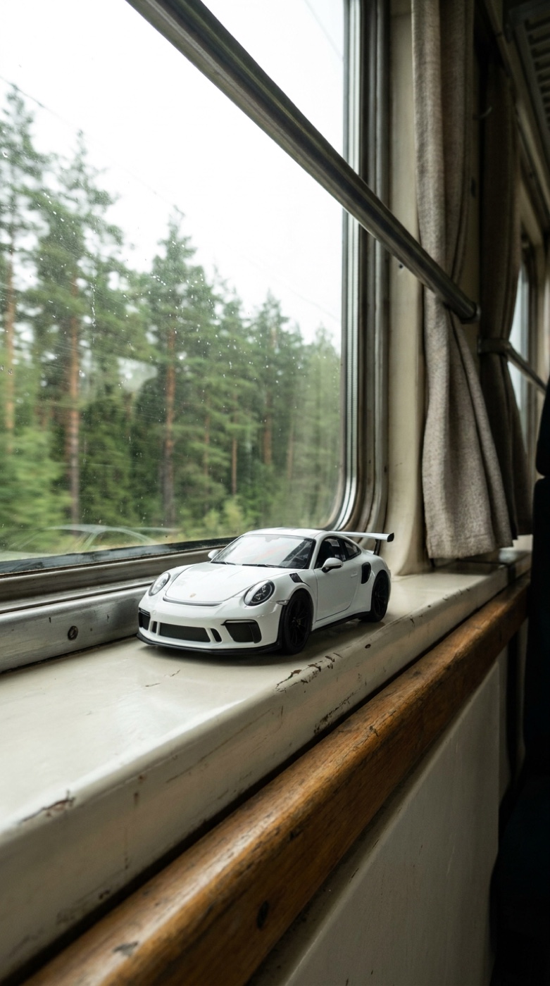 The toy Porsche facing the camera on the window ledge