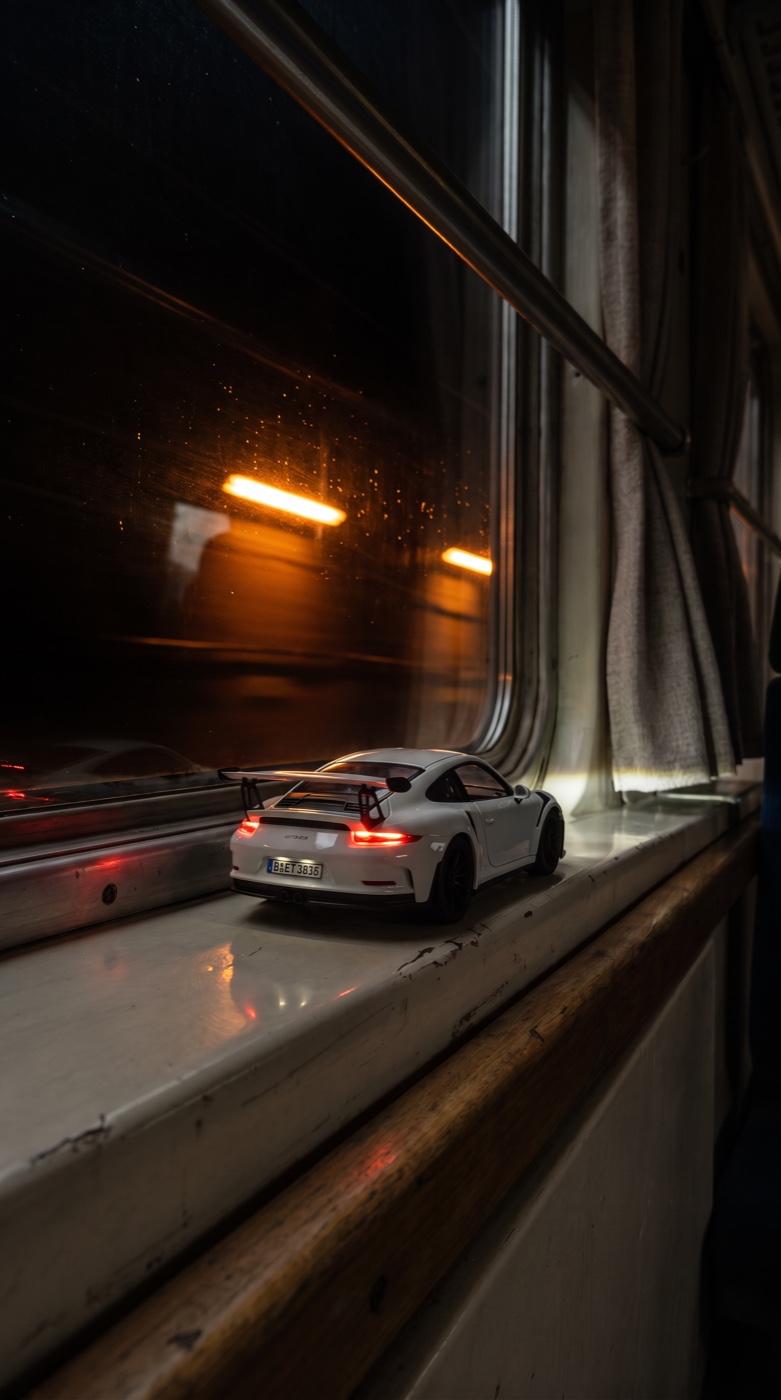 The same toy Porsche on the same ledge, now in a dark tunnel with its taillights glowing