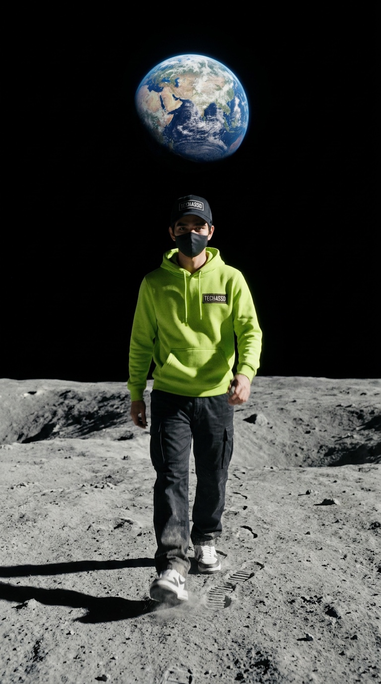 Keyframe 09: the avatar walking on the Moon with Earth in the black sky