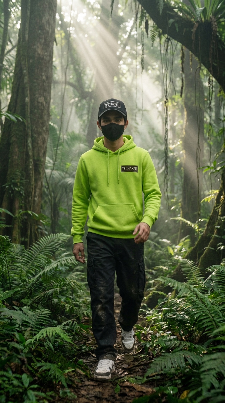 Keyframe 03: the avatar on a misty rainforest path with sun rays