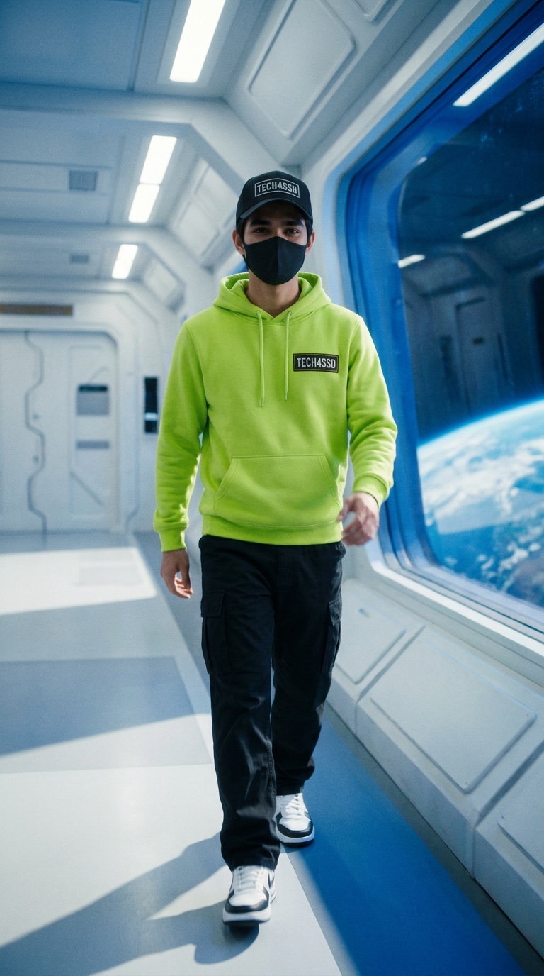 Keyframe 08: the avatar in a white space station corridor with Earth in the window