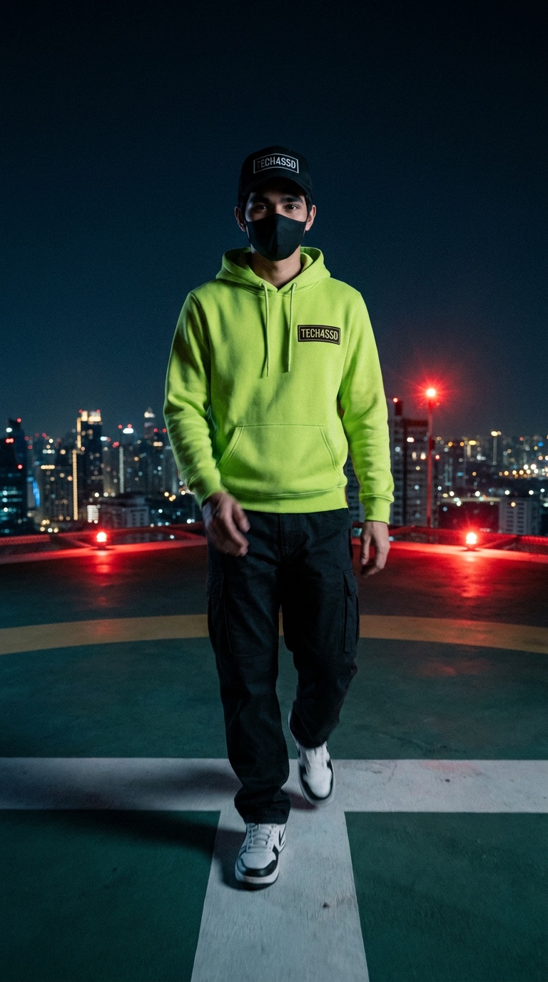 Keyframe 07: the avatar on a city rooftop helipad at night