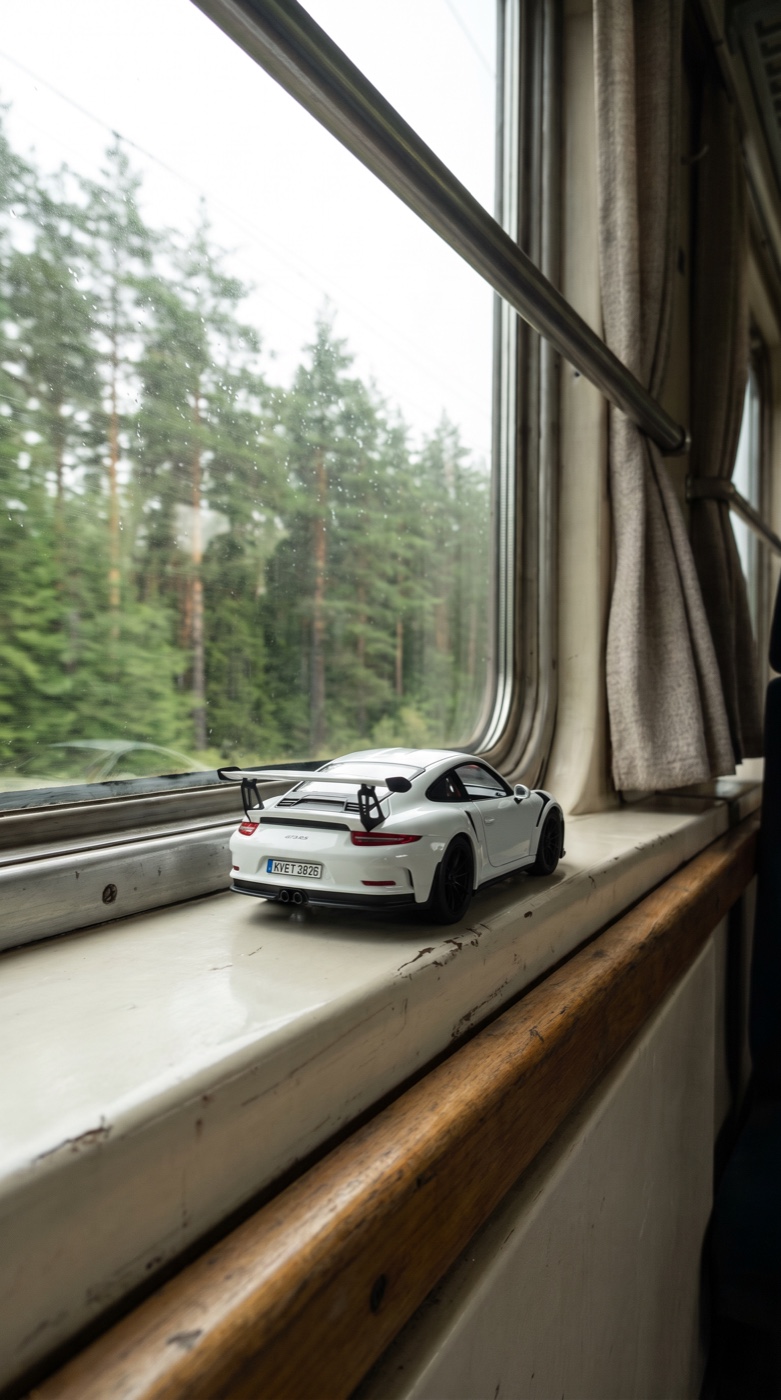 A white Porsche 911 GT3 RS die-cast model on a train window ledge, seen from behind, forest outside