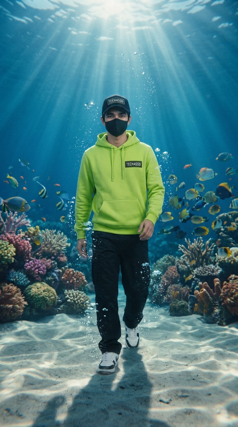 Keyframe 06: the avatar walking on a coral reef seabed with fish around him