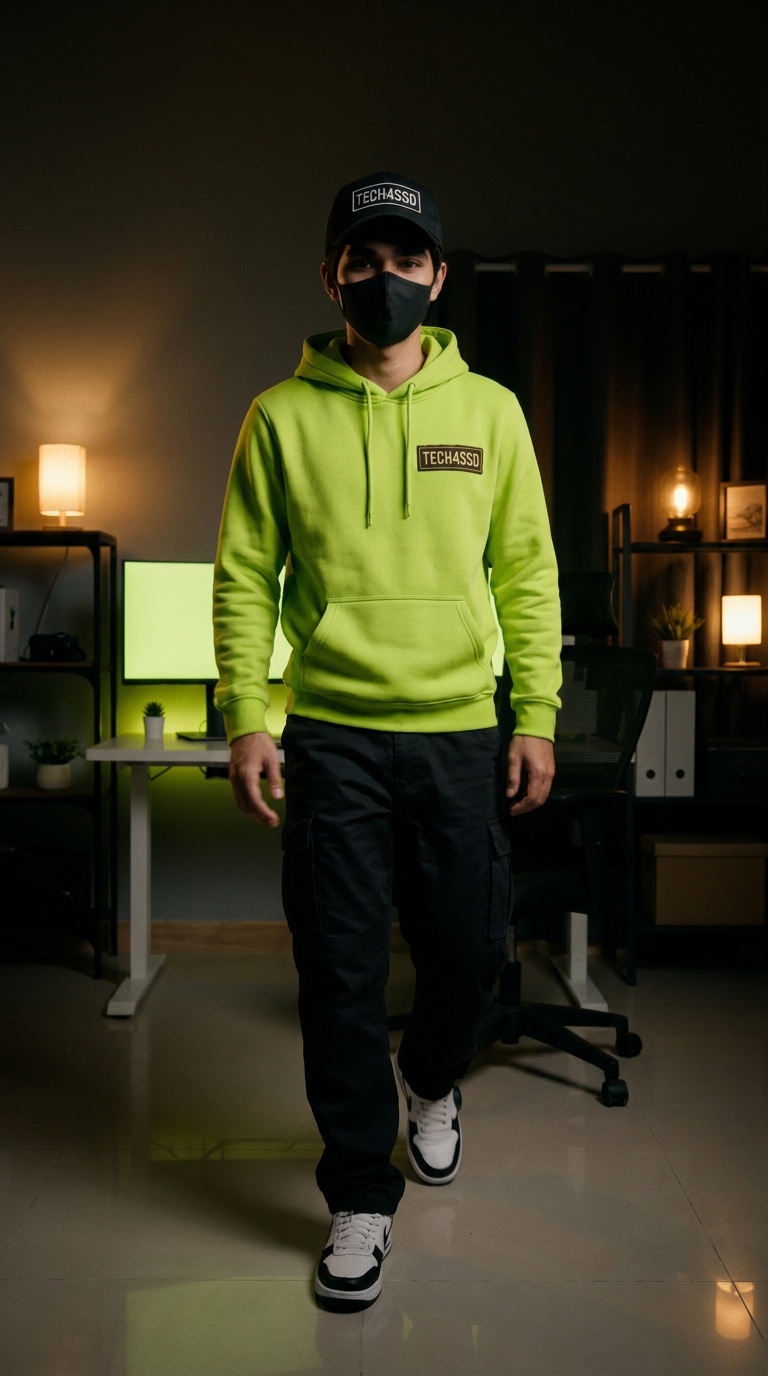 Keyframe 01: the avatar in a lime hoodie walking toward camera in his home studio at night